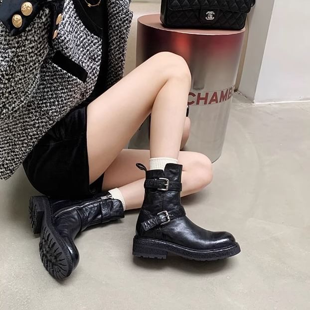 Platform Boots Genuine Leather Buckled Plain Short