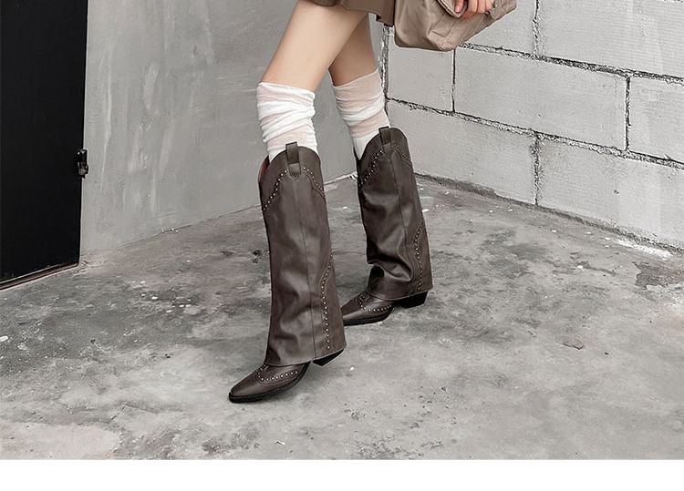 Chunky Heel Plain Studded Genuine Leather Tall Cowboy Boots