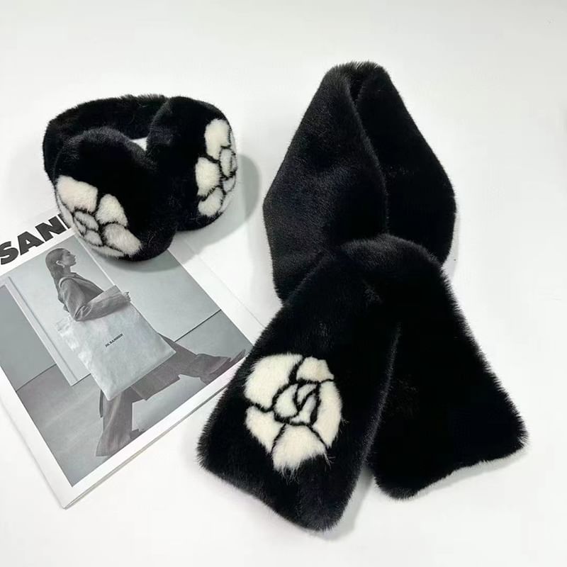 Print Floral / Bow Set Ear Scarf Muffs Fluffy