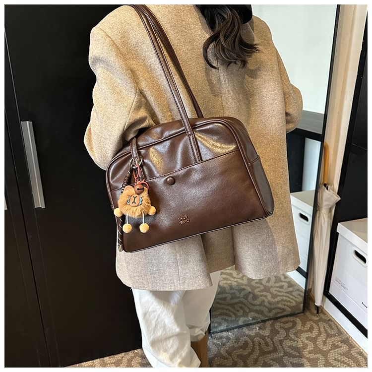 Lettering Faux Leather Tote Bag / Bag Charm / Set