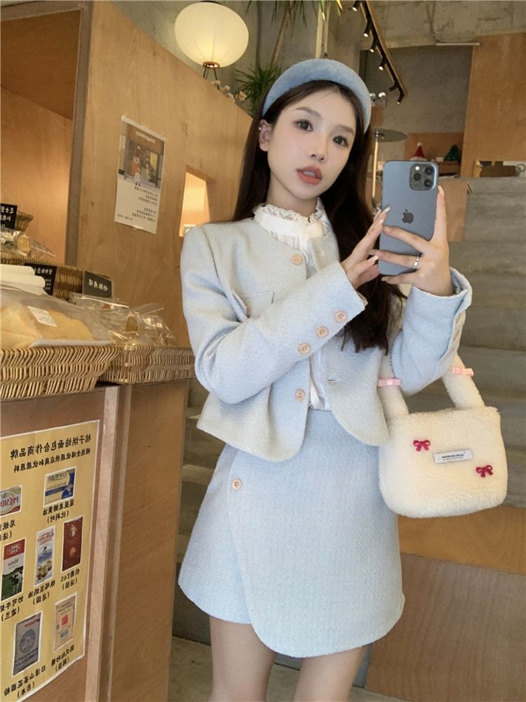 Long Sleeve Stand Collar Plain Lace Trim Blouse / Crew Neck Plain Tweed Button Jacket / High Rise Asymmetrical Mini A-Line Skirt