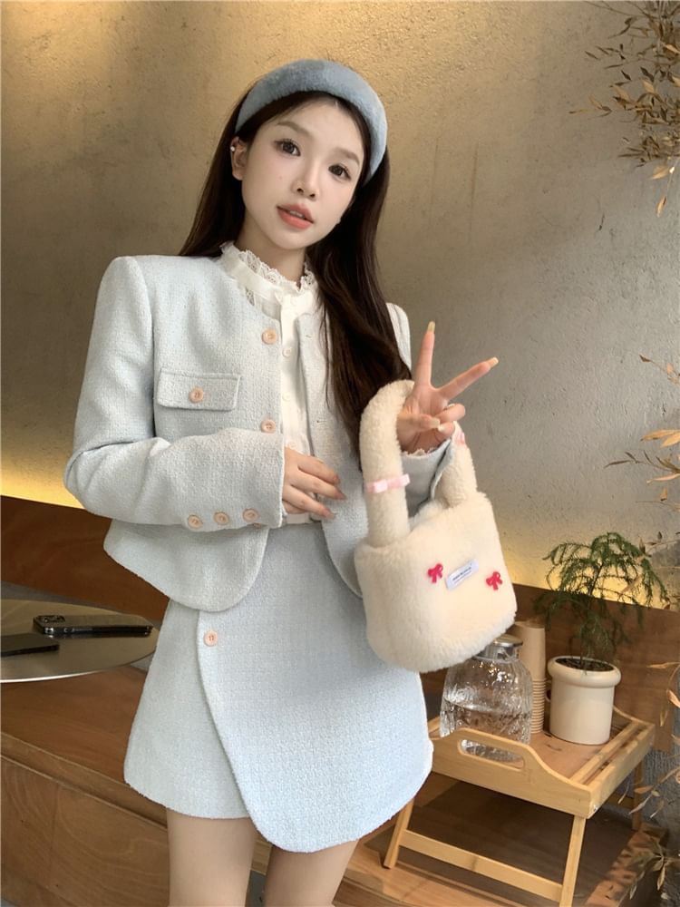 Long Sleeve Stand Collar Plain Lace Trim Blouse / Crew Neck Plain Tweed Button Jacket / High Rise Asymmetrical Mini A-Line Skirt