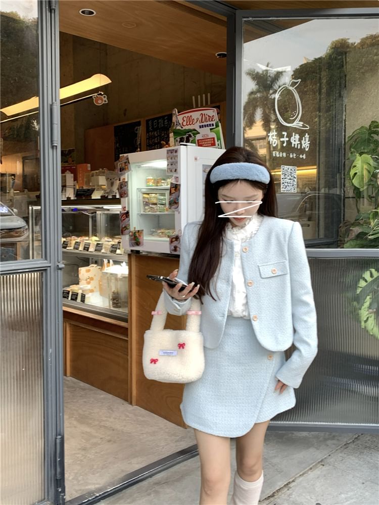 Long Sleeve Stand Collar Plain Lace Trim Blouse / Crew Neck Plain Tweed Button Jacket / High Rise Asymmetrical Mini A-Line Skirt