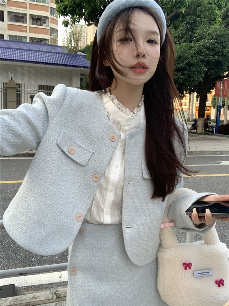 Long Sleeve Stand Collar Plain Lace Trim Blouse / Crew Neck Plain Tweed Button Jacket / High Rise Asymmetrical Mini A-Line Skirt