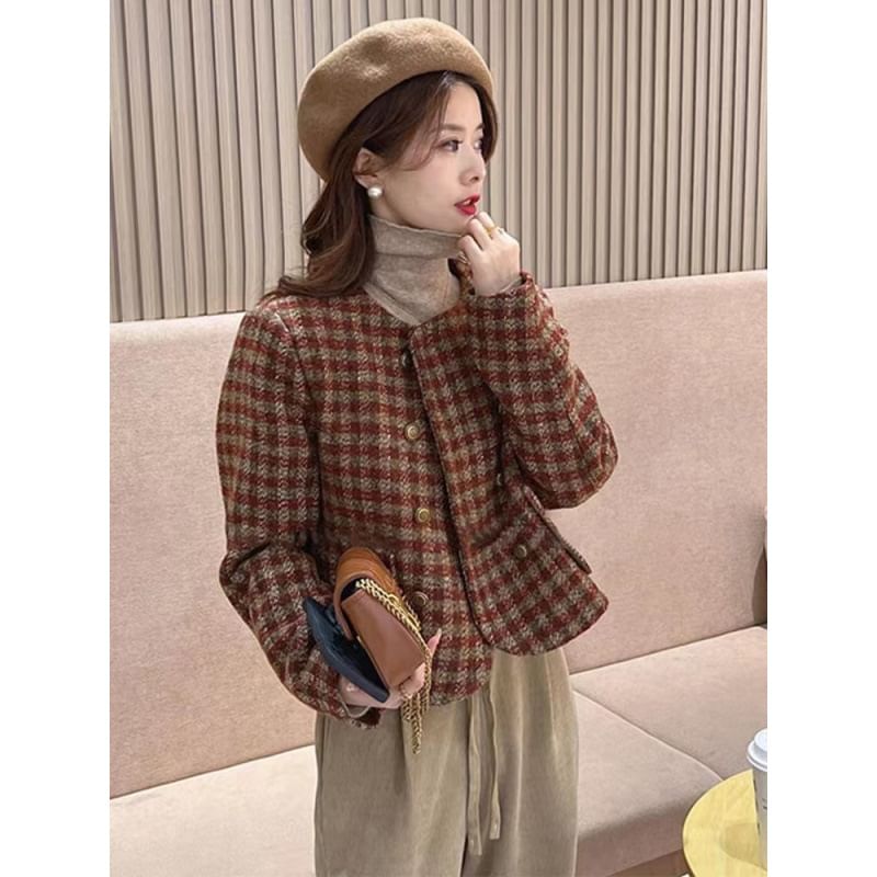Crew Neck Houndstooth Tweed Double Breasted Cropped Jacket
