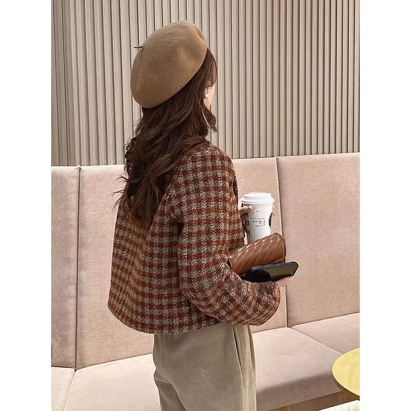 Crew Neck Houndstooth Tweed Double Breasted Cropped Jacket