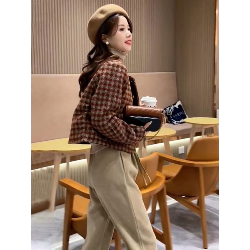 Crew Neck Houndstooth Tweed Double Breasted Cropped Jacket