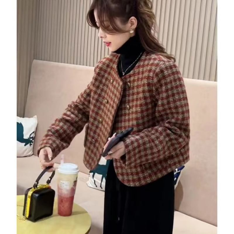 Crew Neck Houndstooth Tweed Double Breasted Cropped Jacket