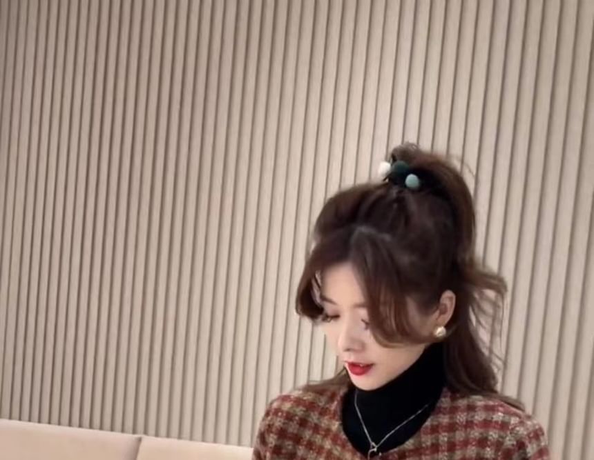 Crew Neck Houndstooth Tweed Double Breasted Cropped Jacket