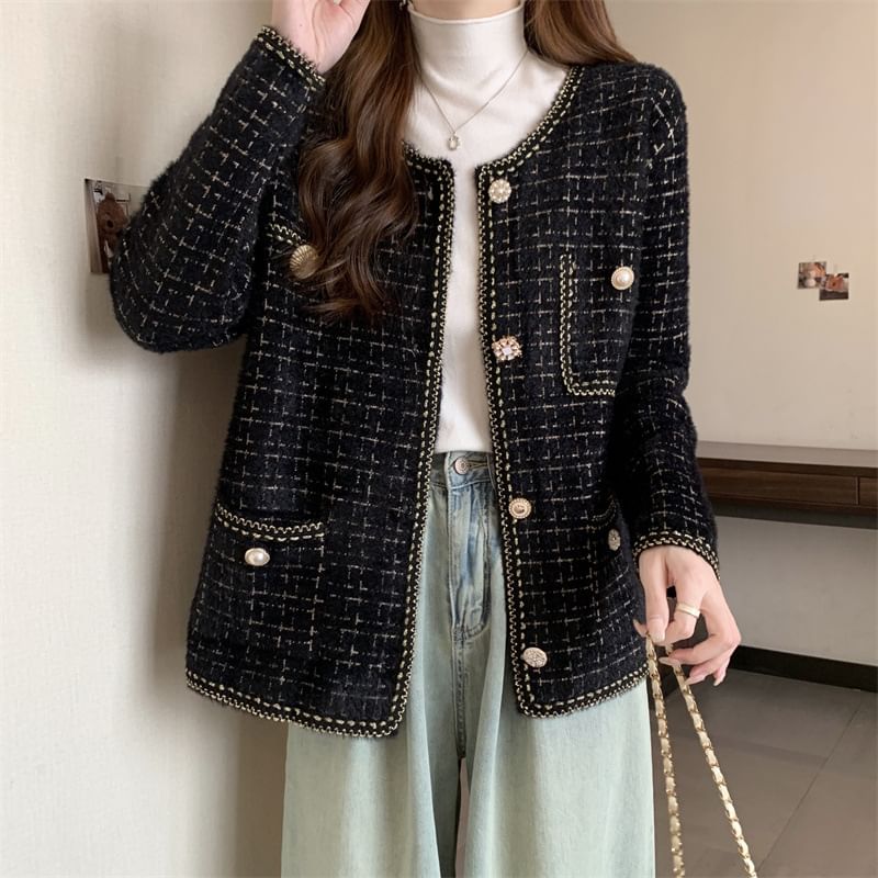 V-Neck Tweed Button-Up Jacket