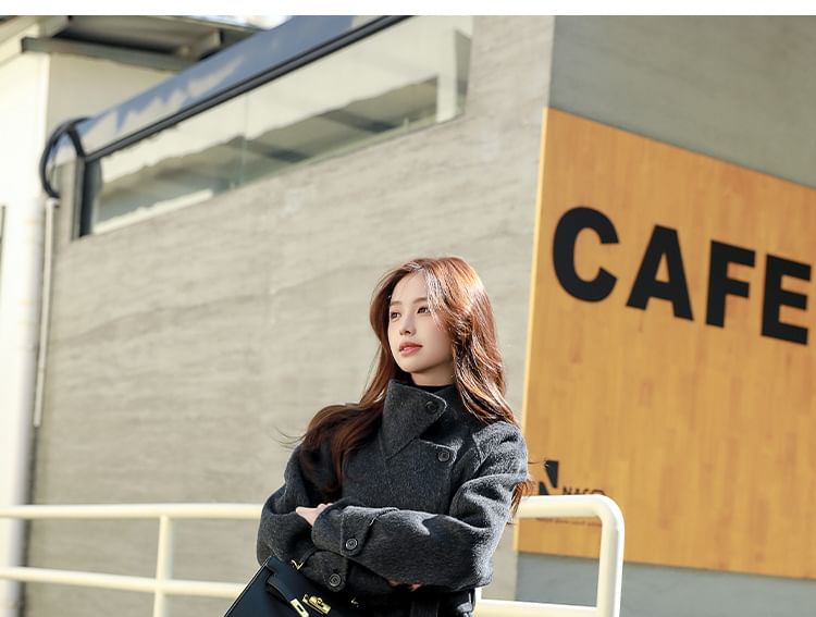 Set: Stand Collar Plain Button-Up Coat + Belt