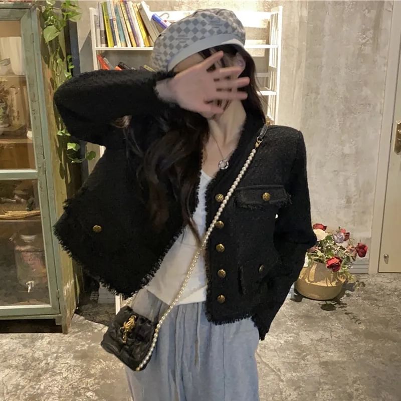 V-Neck Plain Fringed Tweed Crop Button Jacket