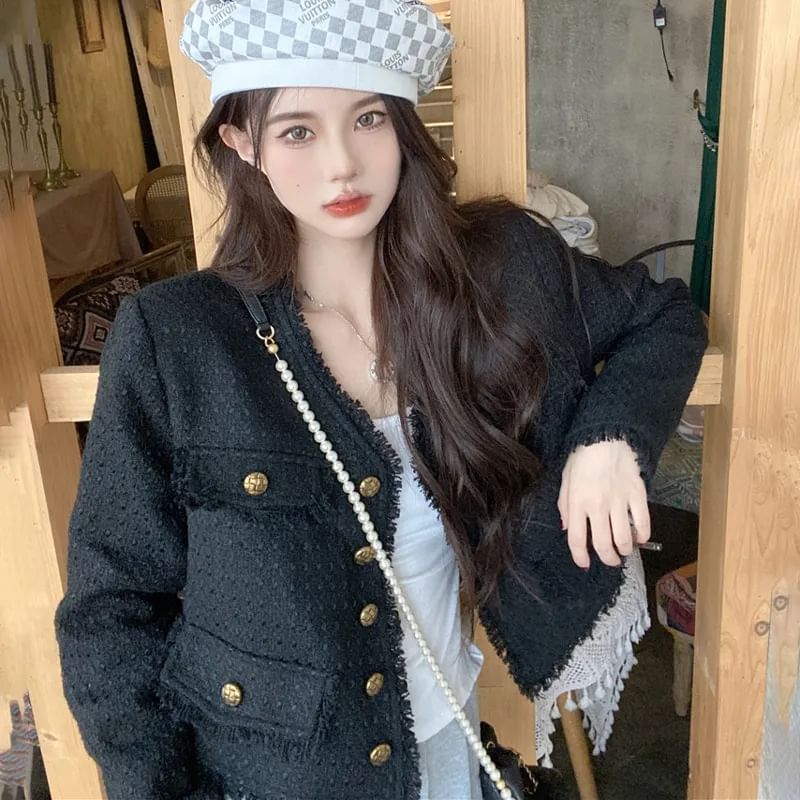 V-Neck Plain Fringed Tweed Crop Button Jacket