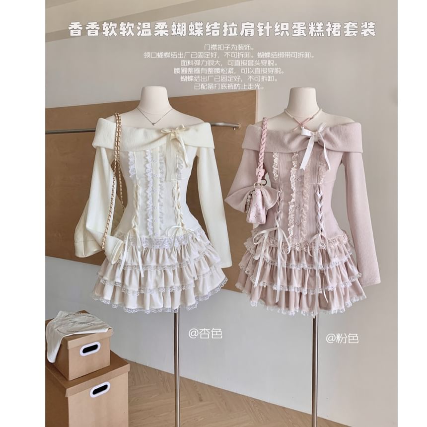 High Shoulder Plain Mini + A-Line Sleeve Skirt Bow Top Long Waist Ruffle Off Lace Tiered Set: Up