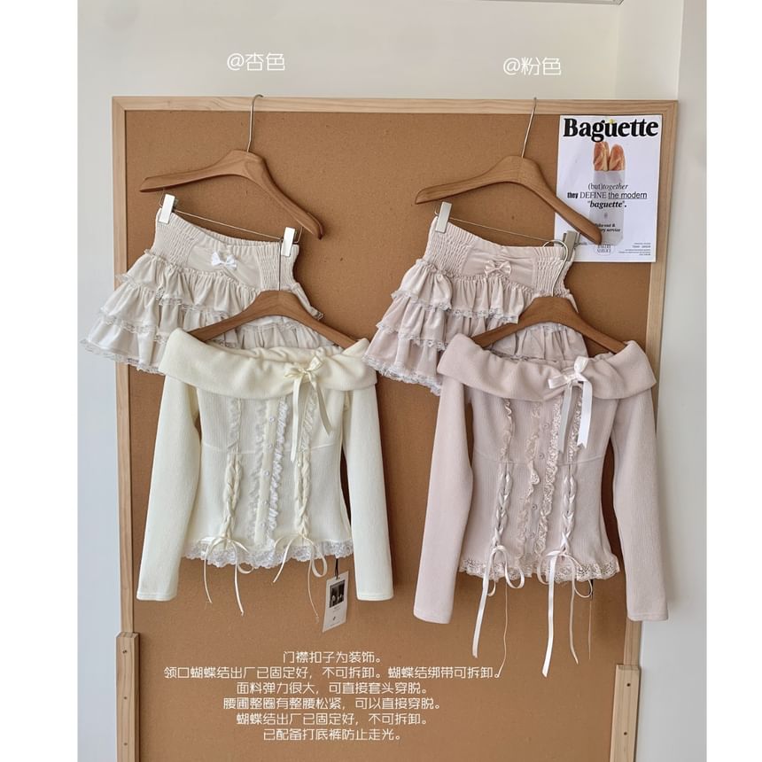 High Shoulder Plain Mini + A-Line Sleeve Skirt Bow Top Long Waist Ruffle Off Lace Tiered Set: Up