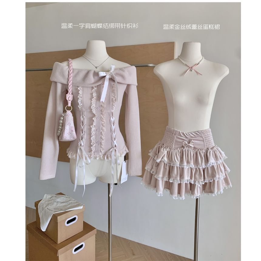 High Shoulder Plain Mini + A-Line Sleeve Skirt Bow Top Long Waist Ruffle Off Lace Tiered Set: Up