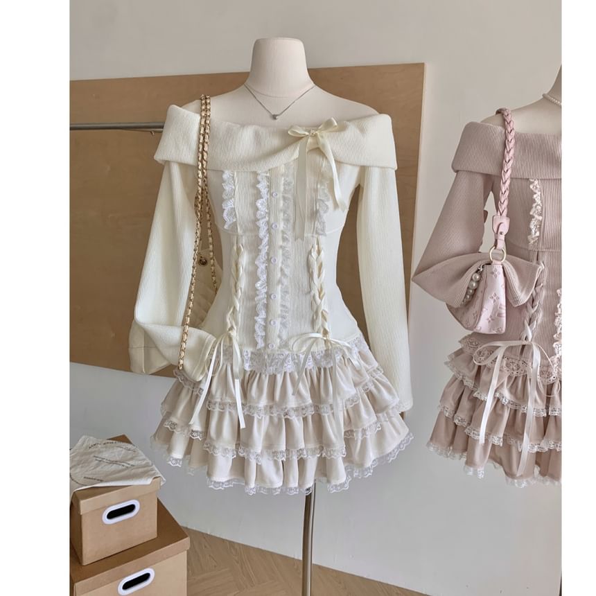 High Shoulder Plain Mini + A-Line Sleeve Skirt Bow Top Long Waist Ruffle Off Lace Tiered Set: Up