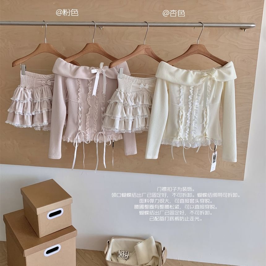 High Shoulder Plain Mini + A-Line Sleeve Skirt Bow Top Long Waist Ruffle Off Lace Tiered Set: Up