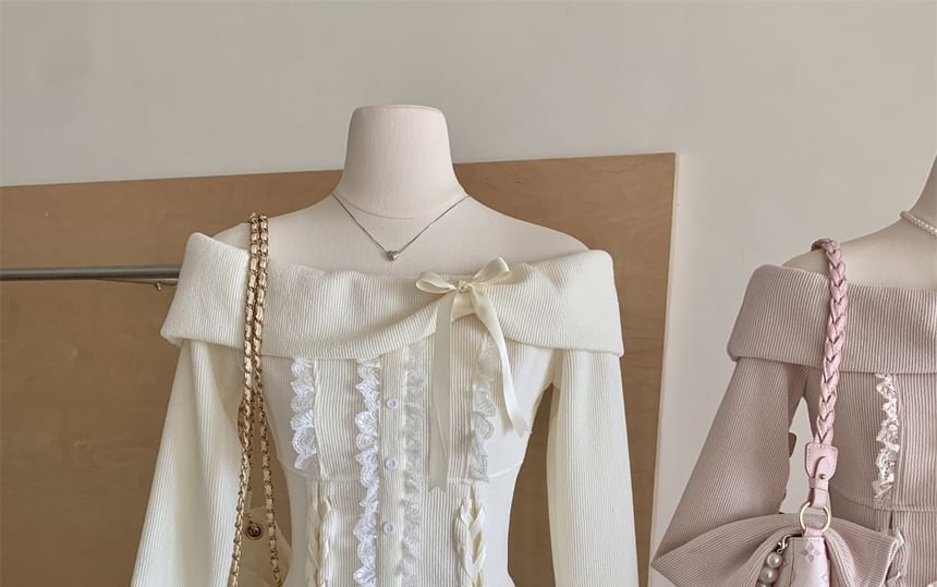 High Shoulder Plain Mini + A-Line Sleeve Skirt Bow Top Long Waist Ruffle Off Lace Tiered Set: Up