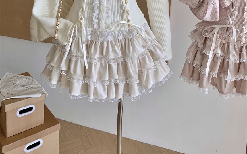 High Shoulder Plain Mini + A-Line Sleeve Skirt Bow Top Long Waist Ruffle Off Lace Tiered Set: Up