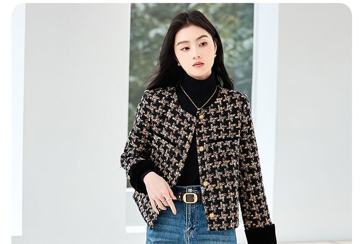 Crew Neck Patterned Button-Up Tweed Jacket