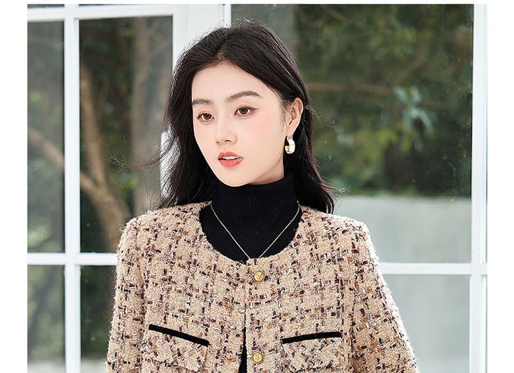 Crew Neck Patterned Button-Up Tweed Jacket