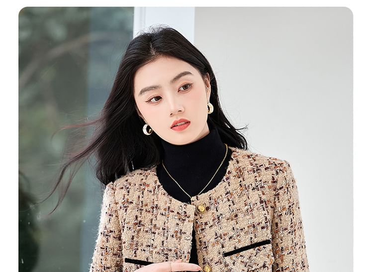 Crew Neck Patterned Button-Up Tweed Jacket