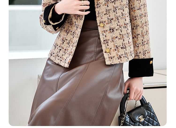 Crew Neck Patterned Button-Up Tweed Jacket