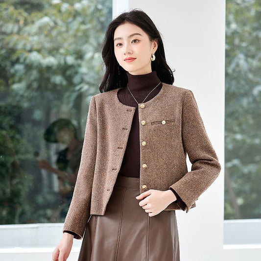 Crew Neck Button-Up Tweed Jacket