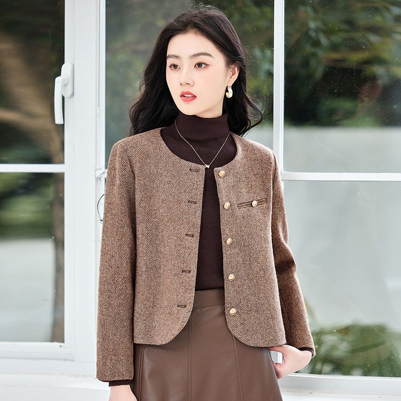 Crew Neck Button-Up Tweed Jacket