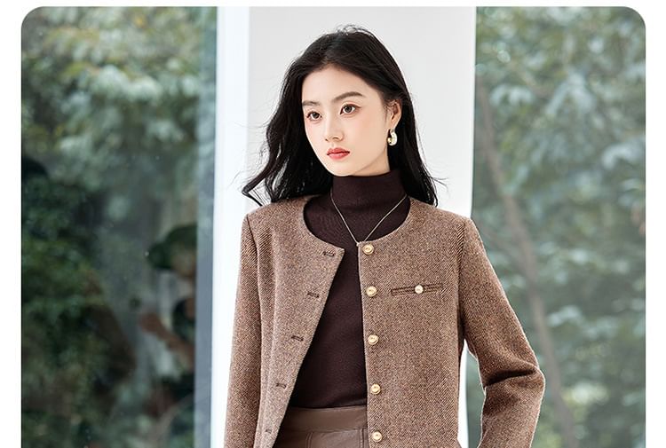 Crew Neck Button-Up Tweed Jacket