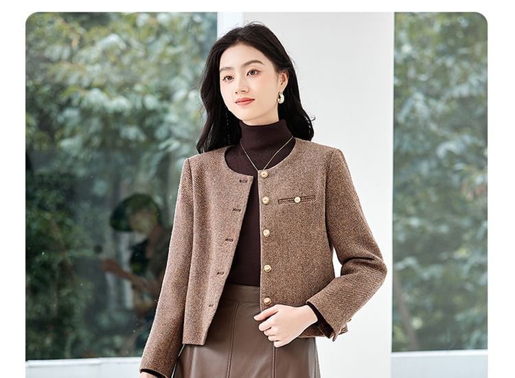 Crew Neck Button-Up Tweed Jacket