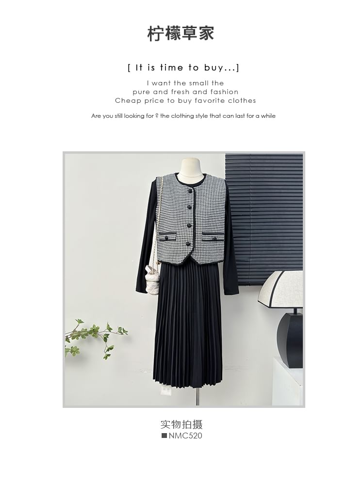 Set: Gingham Tweed Vest + Pleated A-Line Dress
