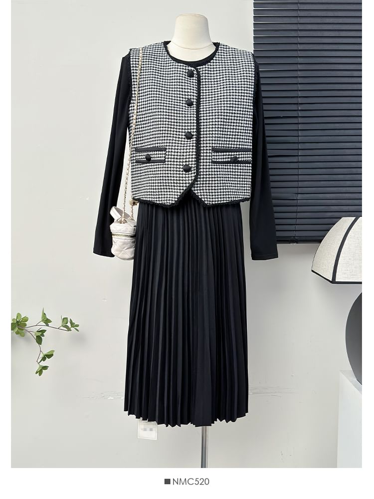Set: Gingham Tweed Vest + Pleated A-Line Dress