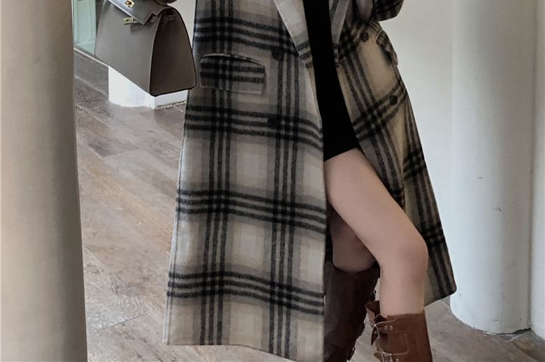 Plaid Double-Breasted Lapel Woolen Coat