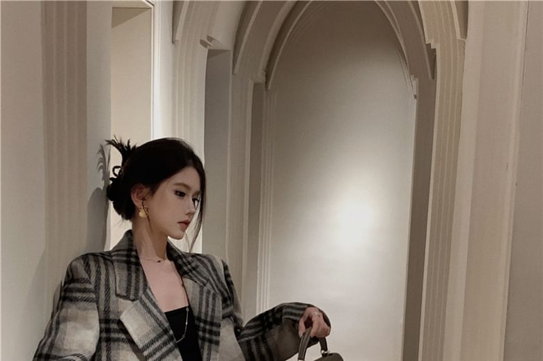 Plaid Double-Breasted Lapel Woolen Coat