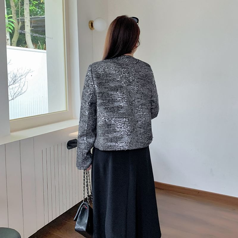 Round Neck Sequined Tweed Crop Button Jacket