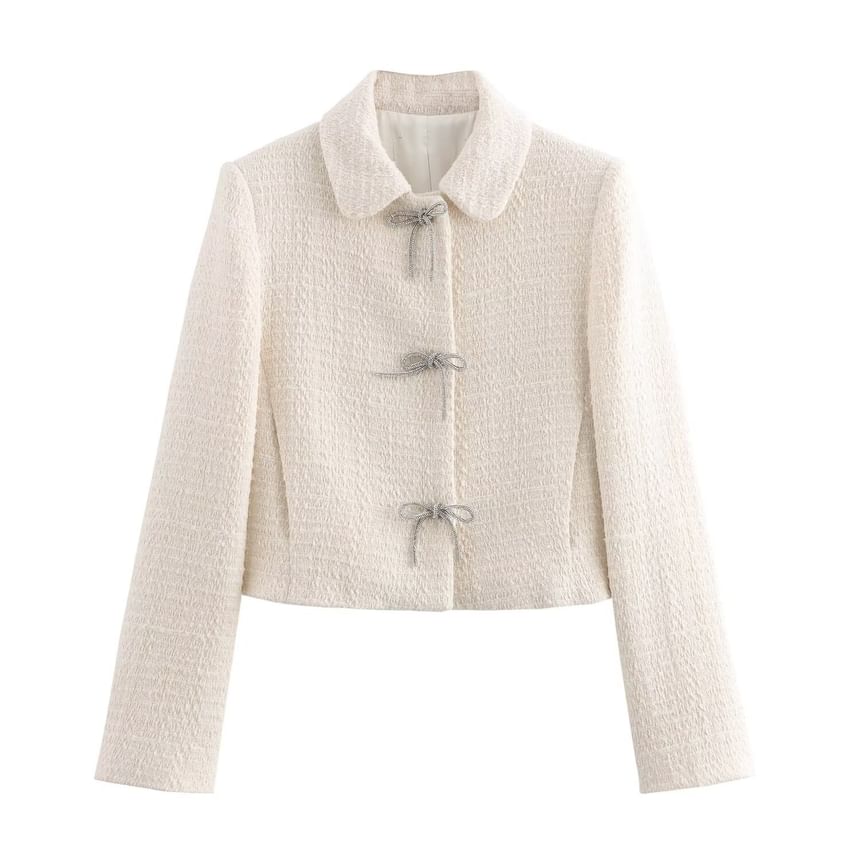 Collared Plain Bow Buttoned Tweed Jacket