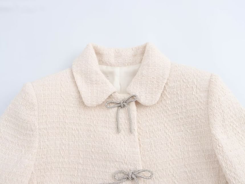 Collared Plain Bow Buttoned Tweed Jacket