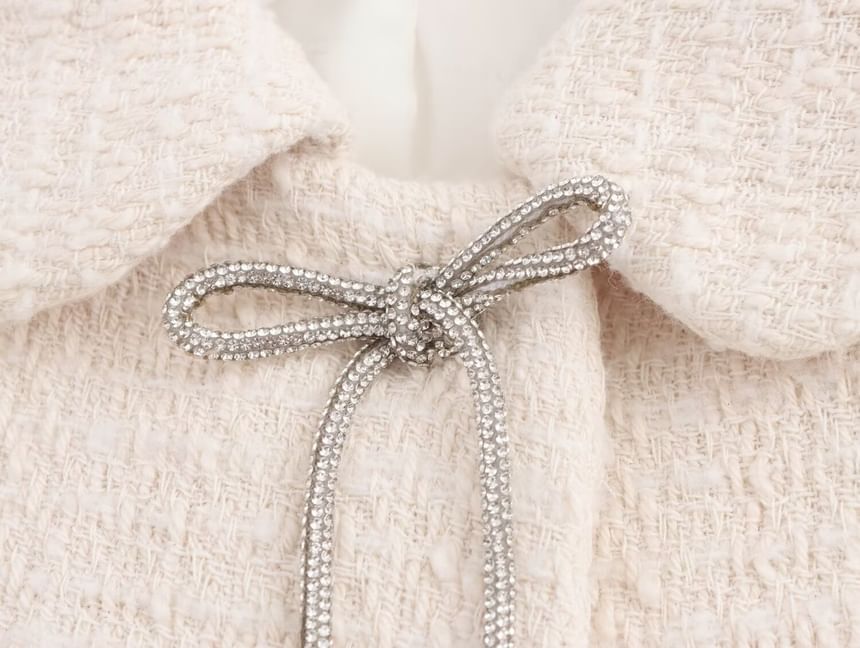 Collared Plain Bow Buttoned Tweed Jacket
