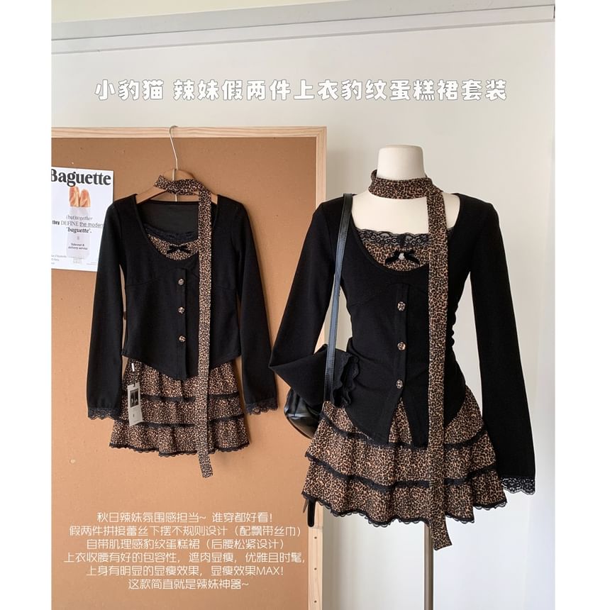 + Print Set: Skirt Plain Top Long-Sleeve V-Neck Tiered Waist High Leopard Mini Button-Up