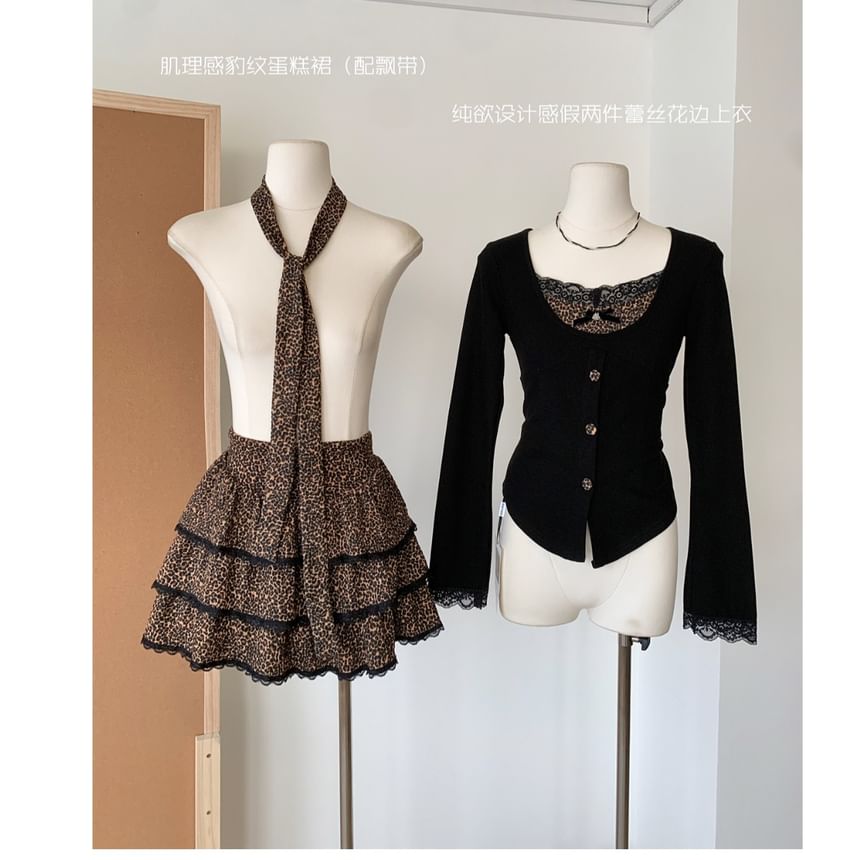 + Print Set: Skirt Plain Top Long-Sleeve V-Neck Tiered Waist High Leopard Mini Button-Up