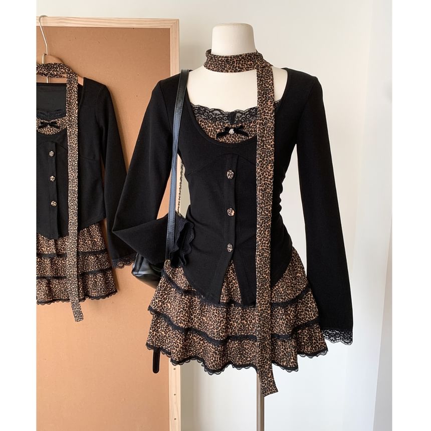 + Print Set: Skirt Plain Top Long-Sleeve V-Neck Tiered Waist High Leopard Mini Button-Up
