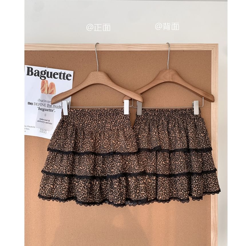 + Print Set: Skirt Plain Top Long-Sleeve V-Neck Tiered Waist High Leopard Mini Button-Up