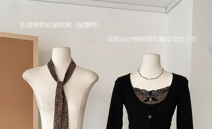 + Print Set: Skirt Plain Top Long-Sleeve V-Neck Tiered Waist High Leopard Mini Button-Up