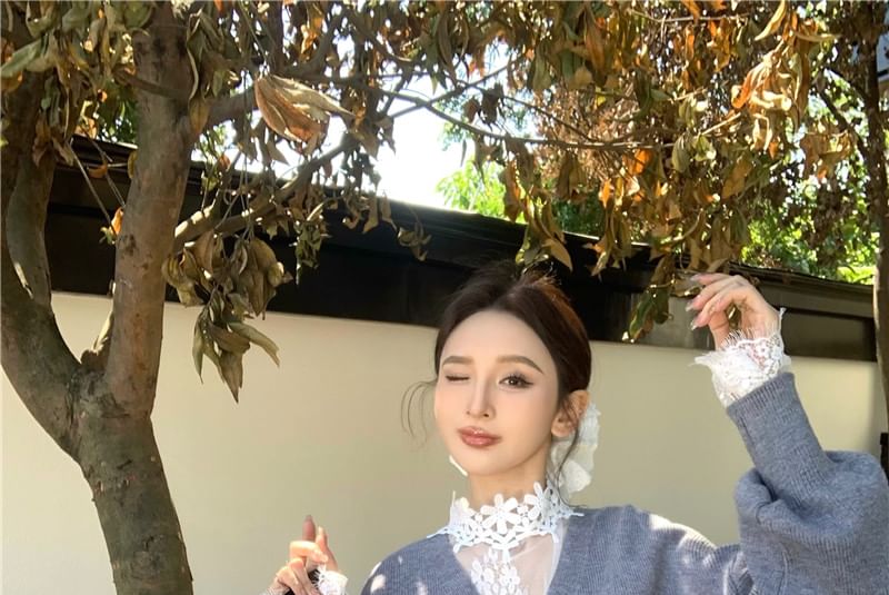 / Lace Long-Sleeve Waist Button-Up High V-Neck Neck Shorts Cardigan Top