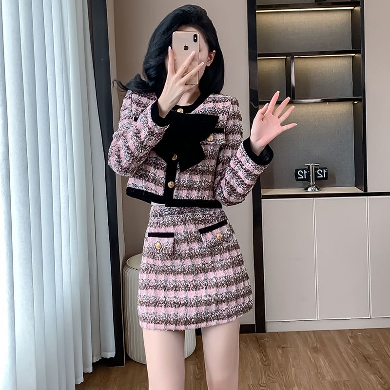 Set: Round Neck Plaid Bow Tweed Crop Button Jacket + High Waist Mini Pencil Skirt