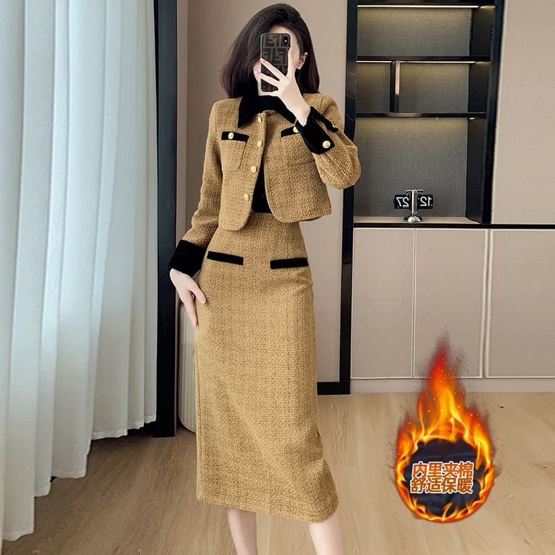 Set: Tweed Crop Button Jacket + High Waist Midi Pencil Skirt