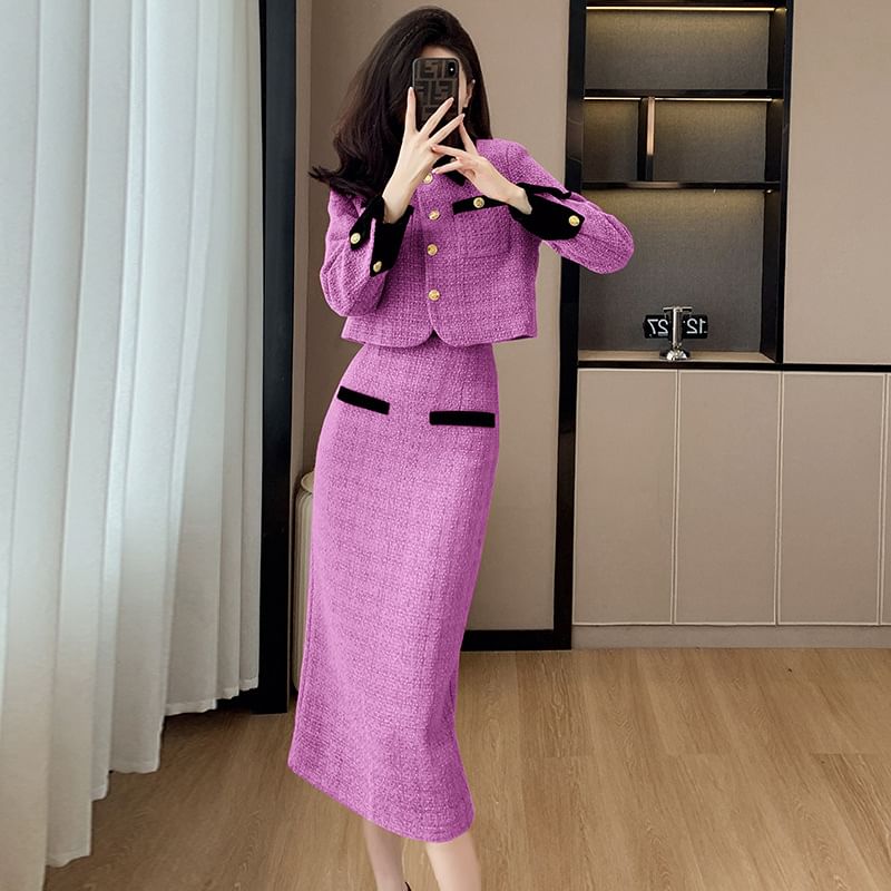 Set: Tweed Crop Button Jacket + High Waist Midi Pencil Skirt