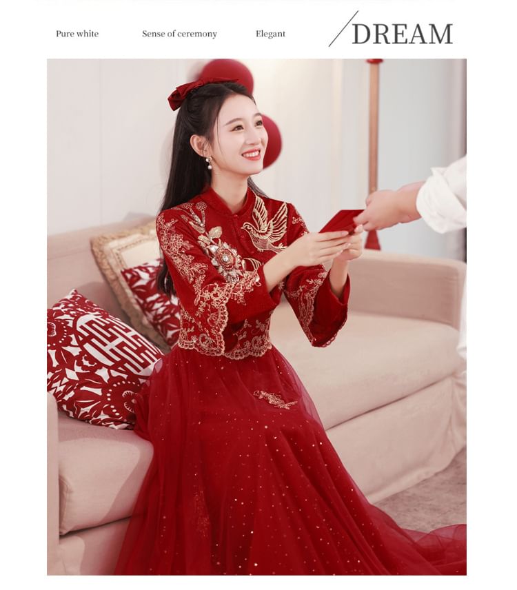 Sleeve Wedding Embroidered Dress Long Cheongsam